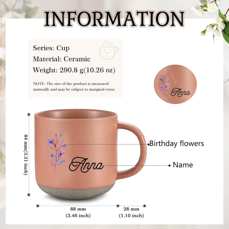 Personalisierte Keramikbecher mit Namen und Blumen für Freunde und Partner