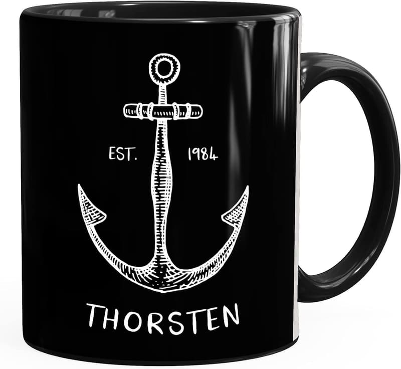 Personalisierte Kaffeetasse mit Anker für Männer – schwarz