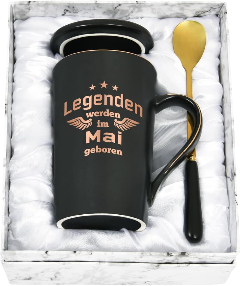 Kaffeetasse Geburtstag Geschenk für Paare, 400ml mit Spruch - Legenden werden im Mai geboren, Schwarz