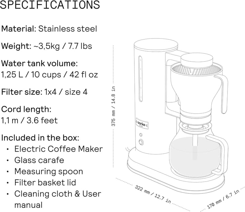 Aarke Filterkaffeemaschine – Edelstahl-Kaffeebereiter mit Glaskaraffe, 10 Tassen