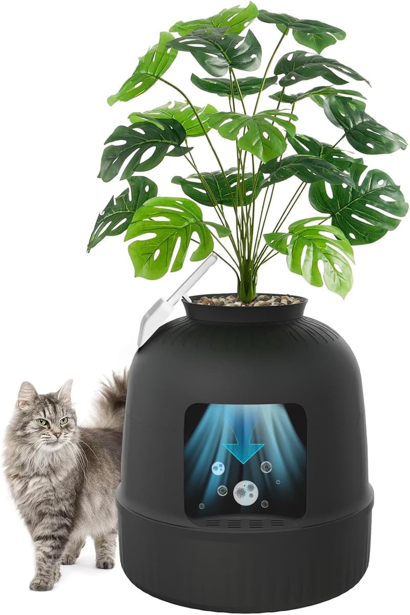 Katzenklo Versteckt mit Pflanze, XXL, Schwarz, inklusive Schaufel und Kohlefilter