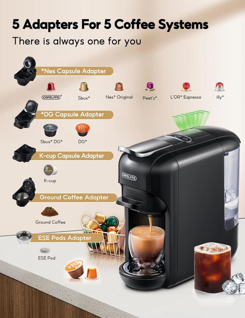 Cafelffe 5-in-1 Kaffeemaschine für Kapseln und Kaffee, 19 Bar, schwarz
