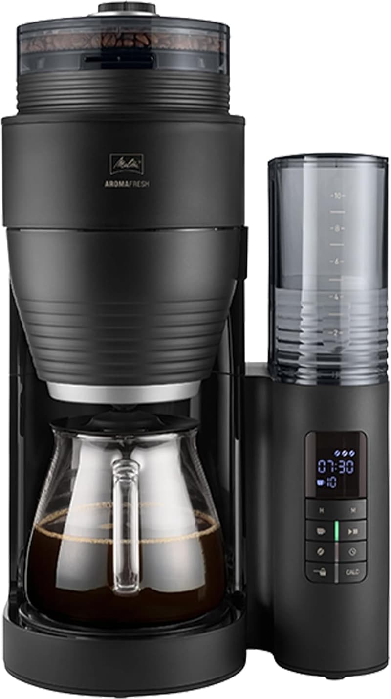 Melitta AromaFresh X - Filtrierende Kaffeemaschine mit Mahlwerk, 10 Tassen, schwarz/silber