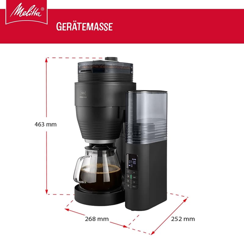 Melitta AromaFresh X - Filtrierende Kaffeemaschine mit Mahlwerk, 10 Tassen, schwarz/silber