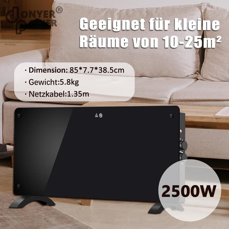 Ultradünne Konvektor-Heizung 2500W, wandmontiert oder freistehend, schwarze Glasoberfläche
