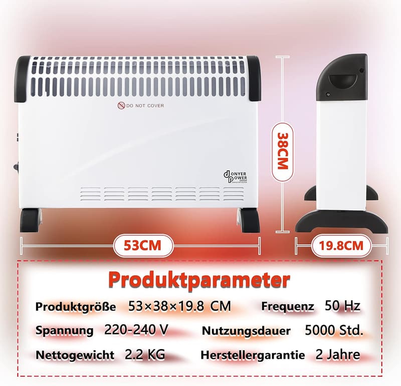 DONYER POWER 2000W Konvektor-Heizkörper mit Thermostat