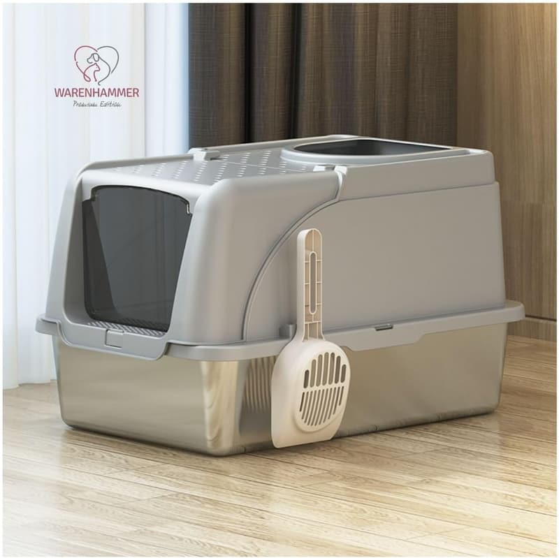 XXL Premium Katzentoilette aus Edelstahl mit Deckel, 62 x 41 x 40 cm
