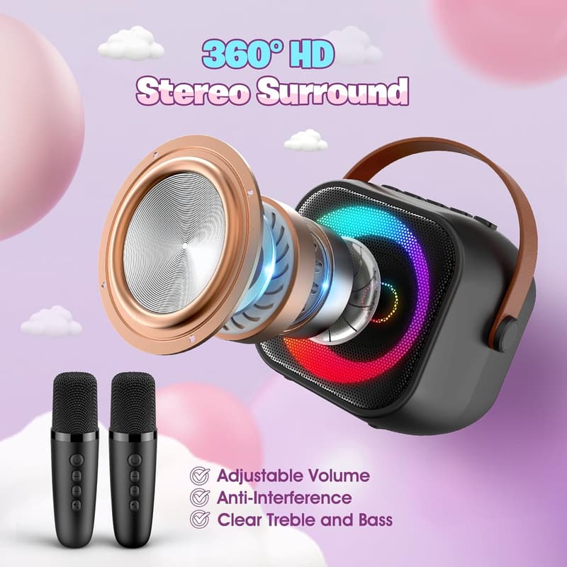 Tragbare Karaoke Maschine für Kinder mit 2 Mikrofonen und RGB-Lichtern