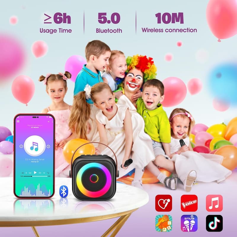 Tragbare Karaoke Maschine für Kinder mit 2 Mikrofonen und RGB-Lichtern