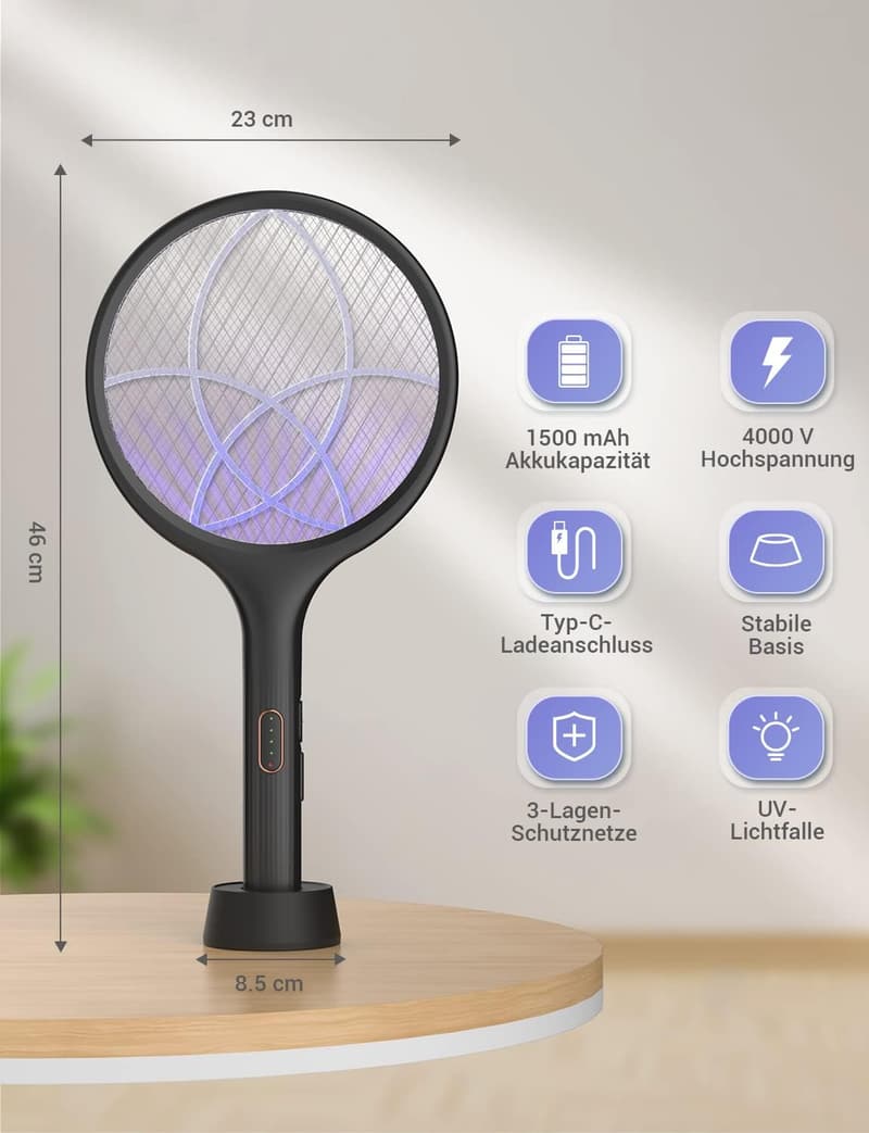 YISSVIC 4000V Elektrische Fliegenklatsche mit UV Lichtfalle, wiederaufladbar