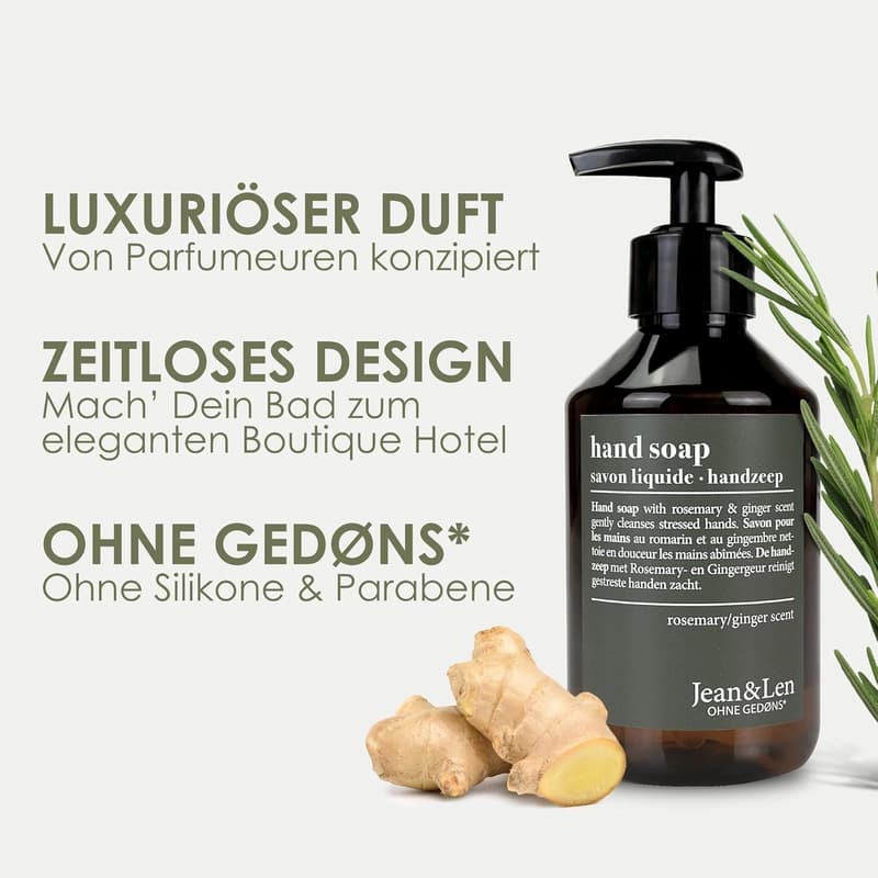 Jean & Len Handseife Rosmarin & Ingwer, nachfüllbare Flüssigseife, 250 ml