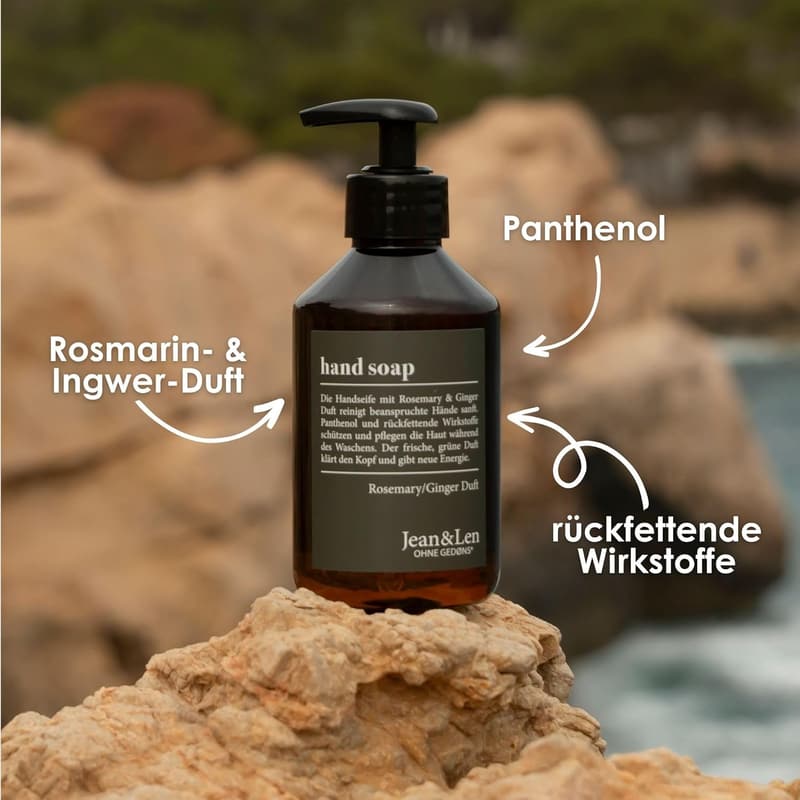 Jean & Len Handseife Rosmarin & Ingwer, nachfüllbare Flüssigseife, 250 ml