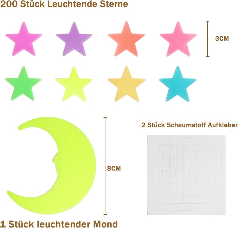 Leuchtende Wandsticker für Kinderzimmer, 200 selbstklebende Sterne und Mond