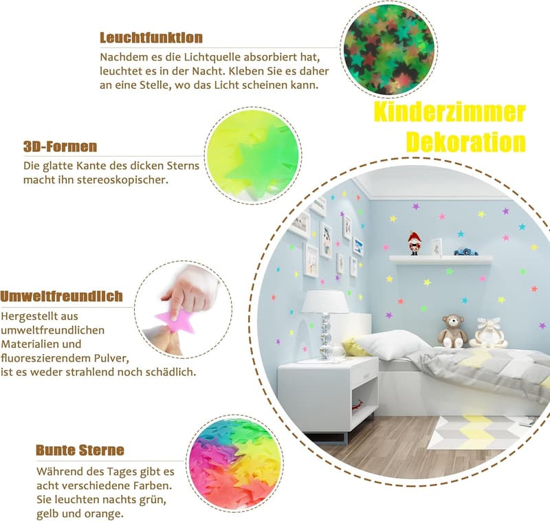 Leuchtende Wandsticker für Kinderzimmer, 200 selbstklebende Sterne und Mond