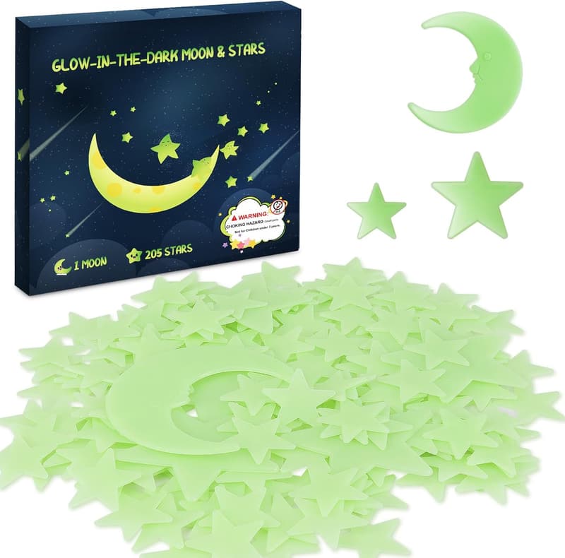Selbstklebende 3D Wandsticker für Kinderzimmer - Leuchtende Sterne & Mond, 205 Stück