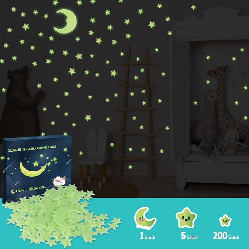 Selbstklebende 3D Wandsticker für Kinderzimmer - Leuchtende Sterne & Mond, 205 Stück