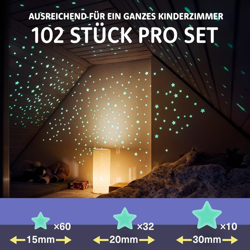 Leuchtsterne für Kinderzimmer - Selbstklebend, 100 Stück, Glow in the Dark