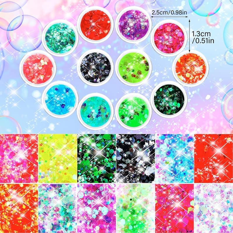 Leuchtendes Glitzergel für Festivals – 12 Farben, selbstklebend