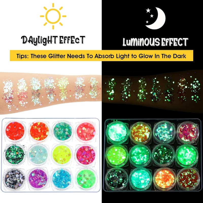 Leuchtendes Glitzergel für Festivals – 12 Farben, selbstklebend