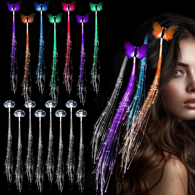 15er Set LED-Haarschmuck für Kinder – Leuchtende Haarsträhnen mit Schmetterling