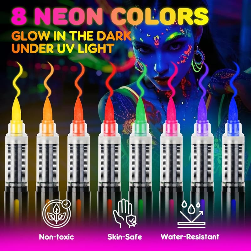 UV Neon Körperfarben Set – Abwaschbare hautfreundliche Schminke für Theaterspaß