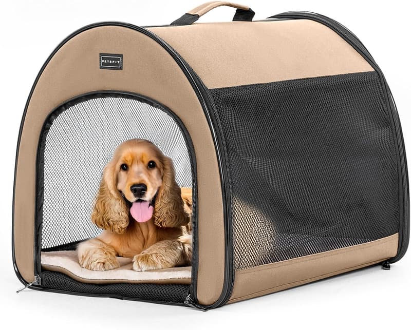 Faltbare Hundebox für Zuhause mit Plüschkissen, Größe M, Khaki