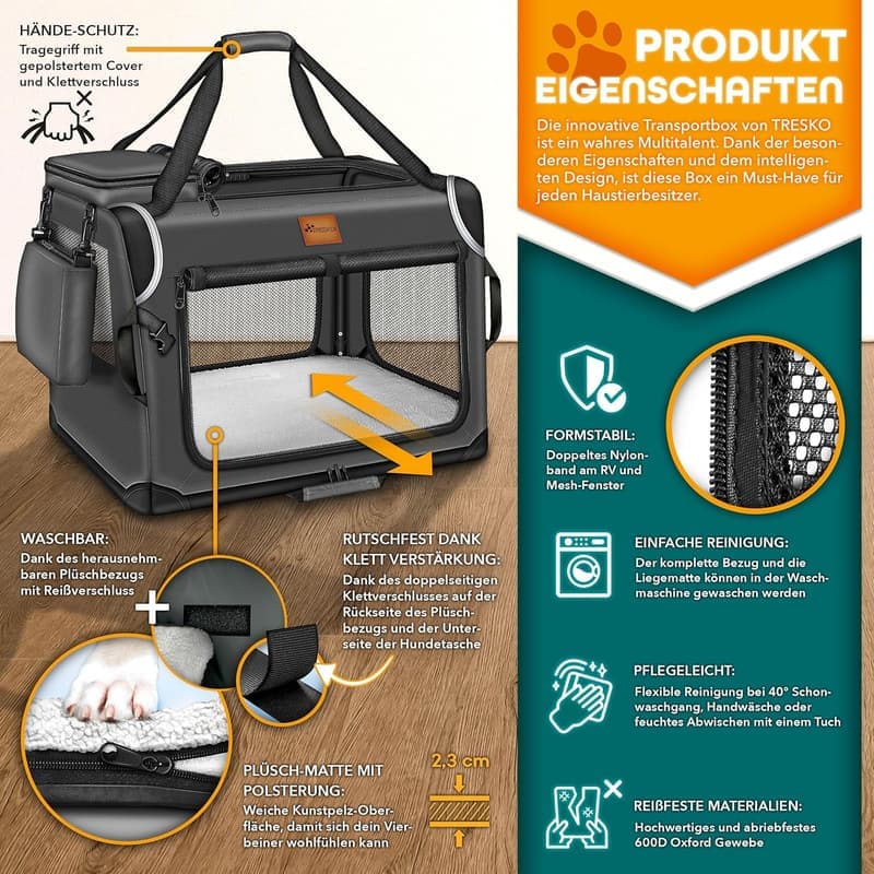 Faltbare Hundebox mit Leckmatte und Reflektoren, 70x52x52 cm