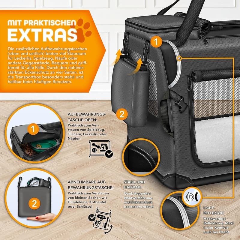 Faltbare Hundebox mit Leckmatte und Reflektoren, 70x52x52 cm