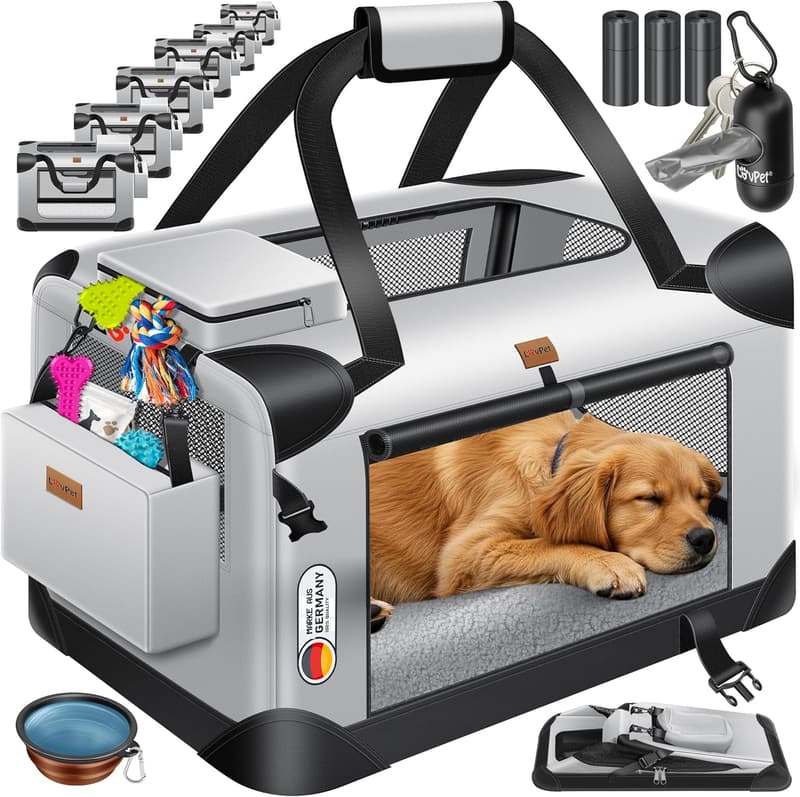 Hund- und Katzentransporttasche M, faltbar, inkl. Hundenapf, hellgrau