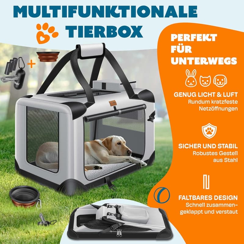 Hund- und Katzentransporttasche M, faltbar, inkl. Hundenapf, hellgrau
