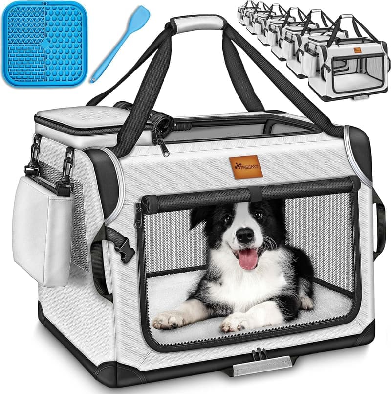 Faltbare Hundebox mit Leckmatte, Spatel & Reflektoren – Grau 50x34x34cm