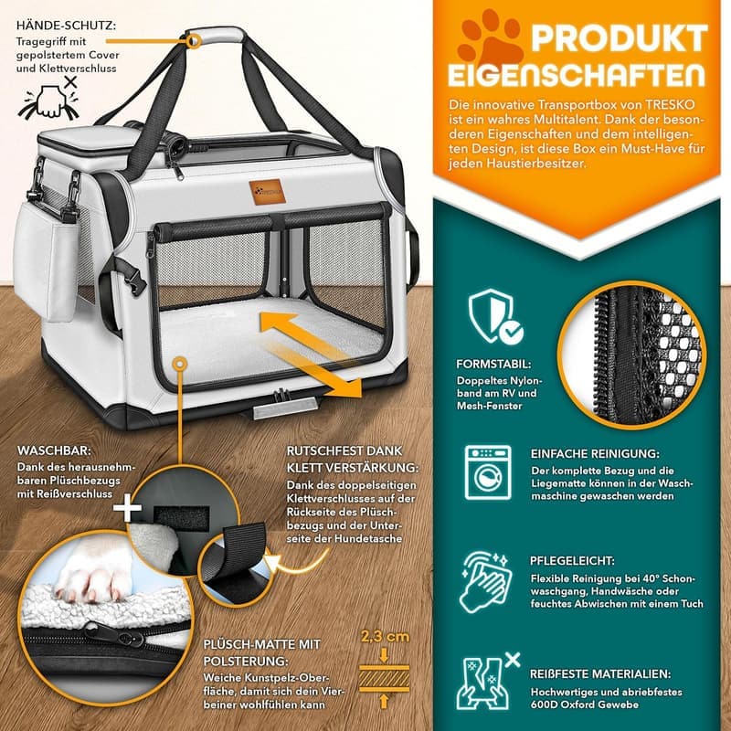 Faltbare Hundebox mit Leckmatte, Spatel & Reflektoren – Grau 50x34x34cm