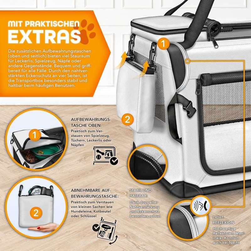 Faltbare Hundebox mit Leckmatte, Spatel & Reflektoren – Grau 50x34x34cm