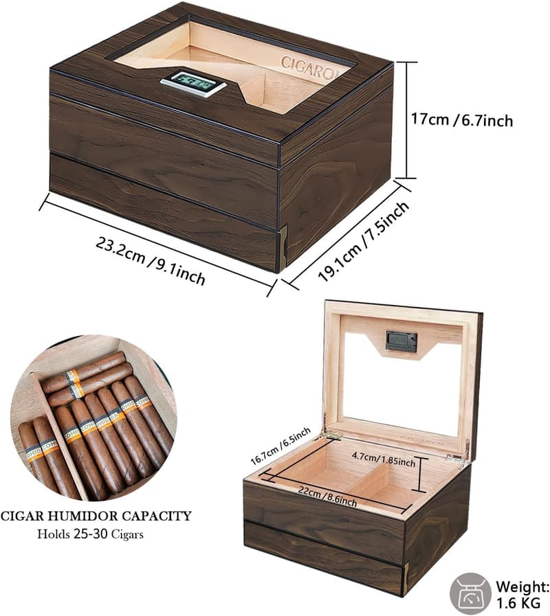 Zedernholz Humidor für 25-30 Zigarren mit Hygrometer, handgefertigt