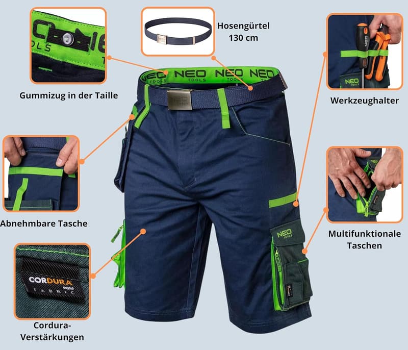 Kurze Arbeitshose für Herren aus Cordura mit Gürtel und multifunktionalen Taschen