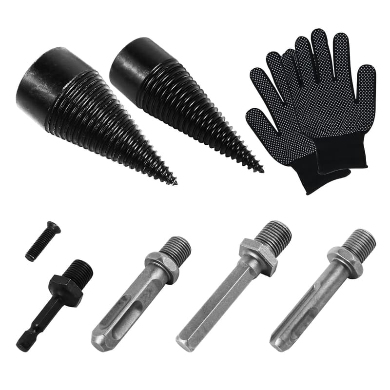 Brennholzspaltbohrer Set 42mm & 32mm aus Kohlenstoffstahl, inkl. Griffe und Fäustlinge