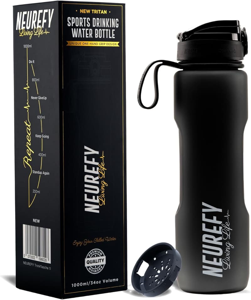 NEUREFY Sportflasche 1L - Auslaufsicher, BPA-frei, mit Trinkmengenanzeige