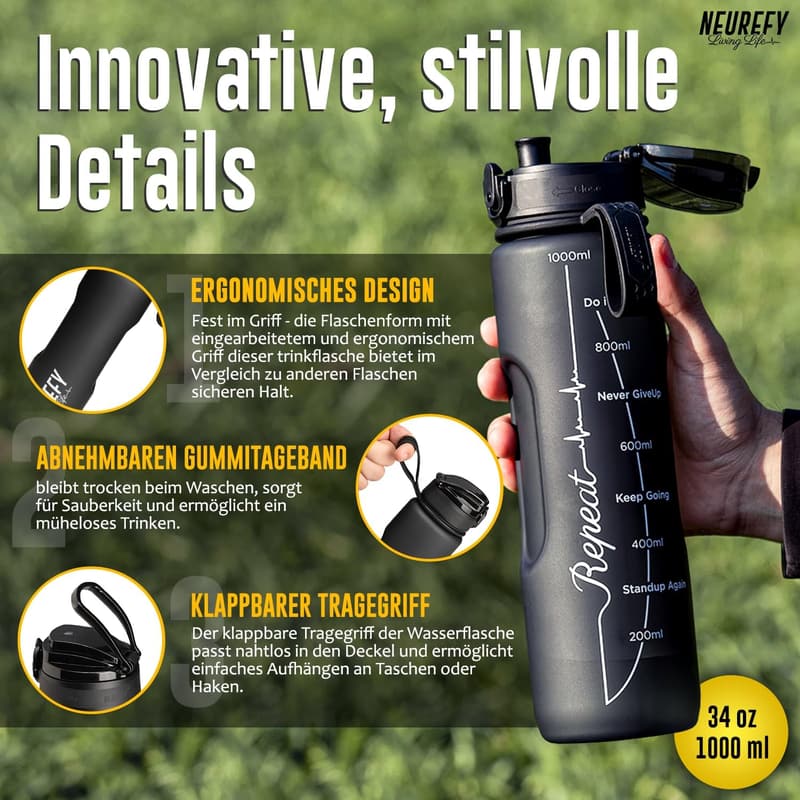 NEUREFY Sportflasche 1L - Auslaufsicher, BPA-frei, mit Trinkmengenanzeige