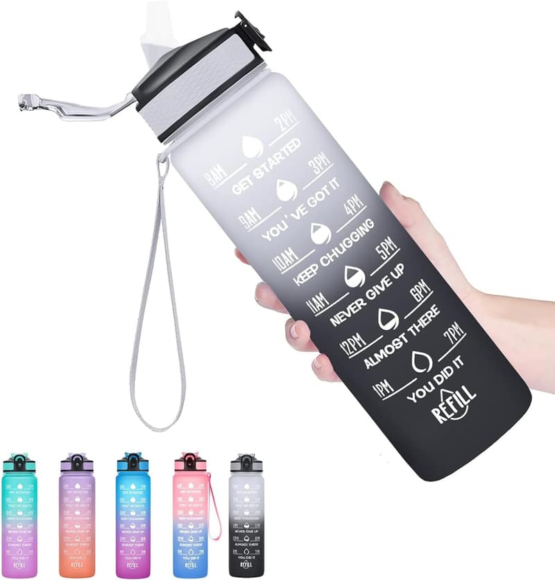 BPA-freie Tritan-Trinkflasche 1L mit Strohhalm und Zeitmarkierung