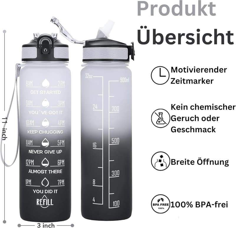 BPA-freie Tritan-Trinkflasche 1L mit Strohhalm und Zeitmarkierung