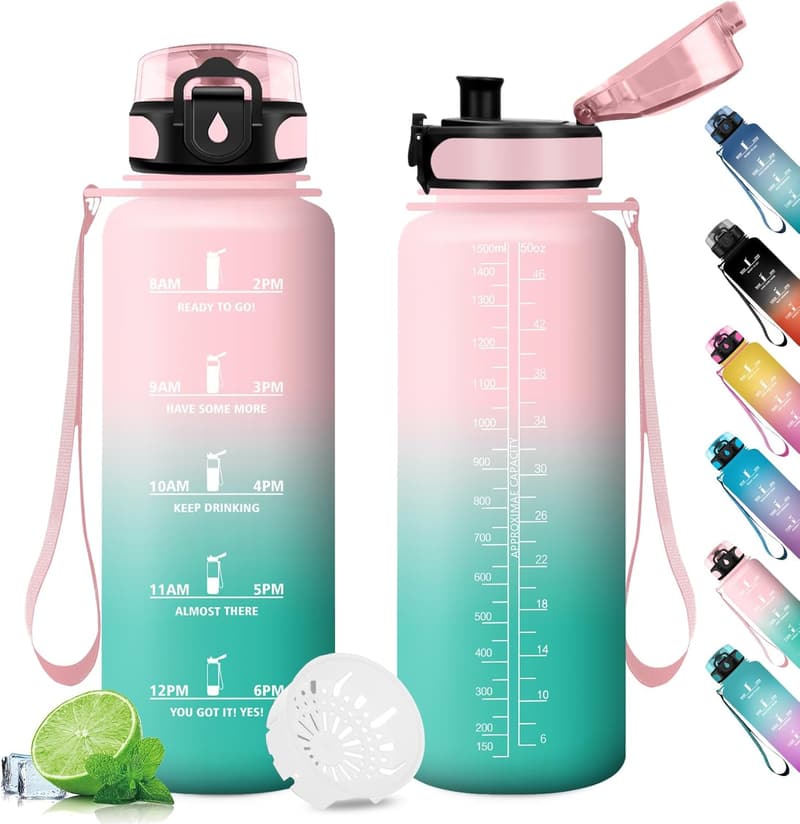 Motivierende Sportflasche 1,5L mit Zeitmarkierung und Filter, auslaufsicher