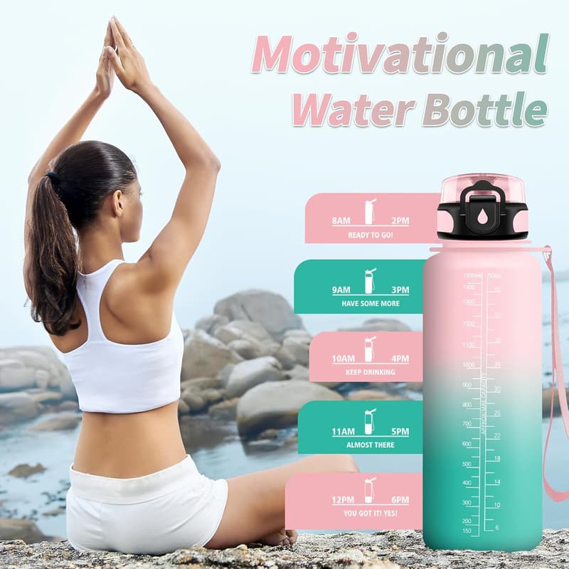 Motivierende Sportflasche 1,5L mit Zeitmarkierung und Filter, auslaufsicher