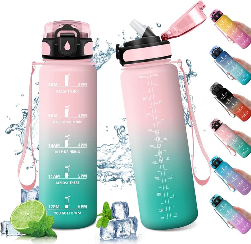 Sporttrinkflasche 1L auslaufsicher mit Zeitmarkierung und Strohhalm