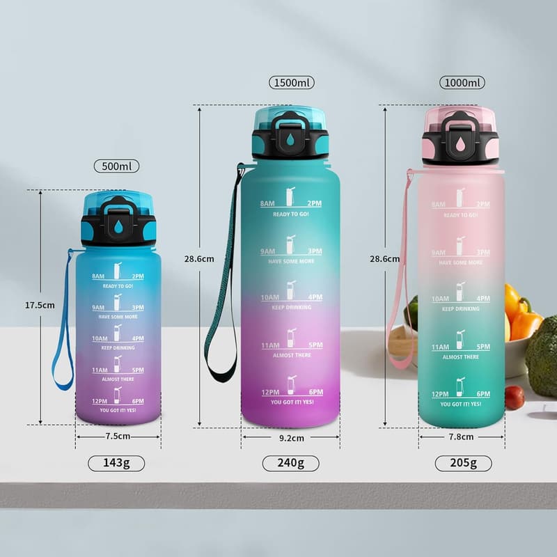 Sporttrinkflasche 1L auslaufsicher mit Zeitmarkierung und Strohhalm