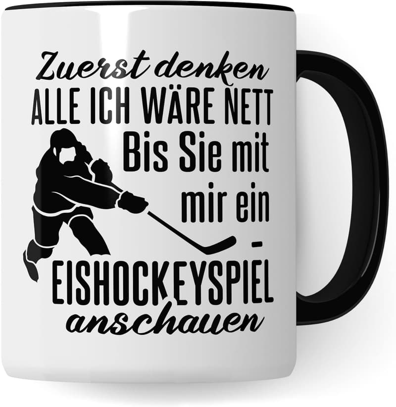 Eishockey Tasse mit Humor für Eishockeyfans – Schwarze und weiße Kaffeetasse