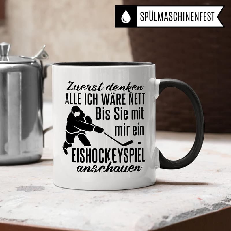 Eishockey Tasse mit Humor für Eishockeyfans – Schwarze und weiße Kaffeetasse