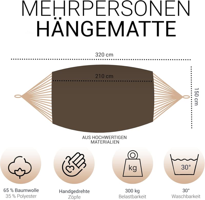 Doppelhängematte Braun 210 x 150 cm mit Befestigungs-Set, bis 300 kg