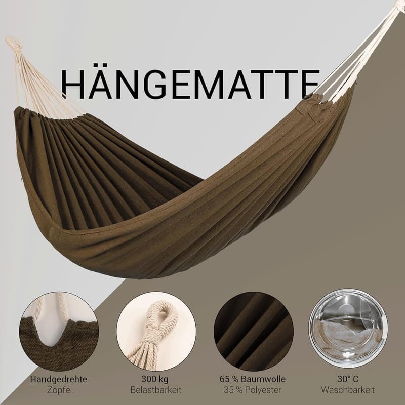 Doppelhängematte Braun 210 x 150 cm mit Befestigungs-Set, bis 300 kg
