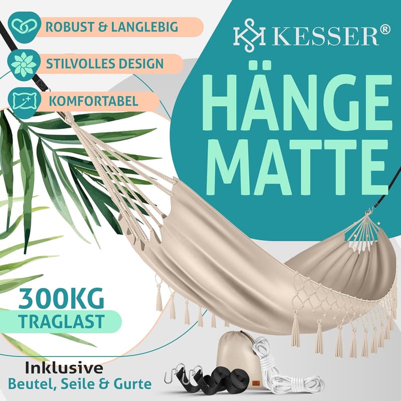Wetterfeste Hängematte 320x150 cm für 1-2 Personen, belastbar bis 300 kg, inkl. Beutel & Seile