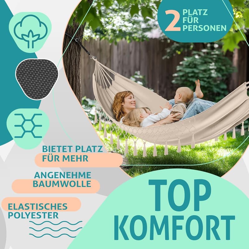 Wetterfeste Hängematte 320x150 cm für 1-2 Personen, belastbar bis 300 kg, inkl. Beutel & Seile